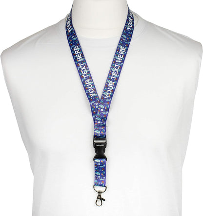 Violetinė medicininių raštų kaklajuostė su Jūsų tekstu ant balto manekeno