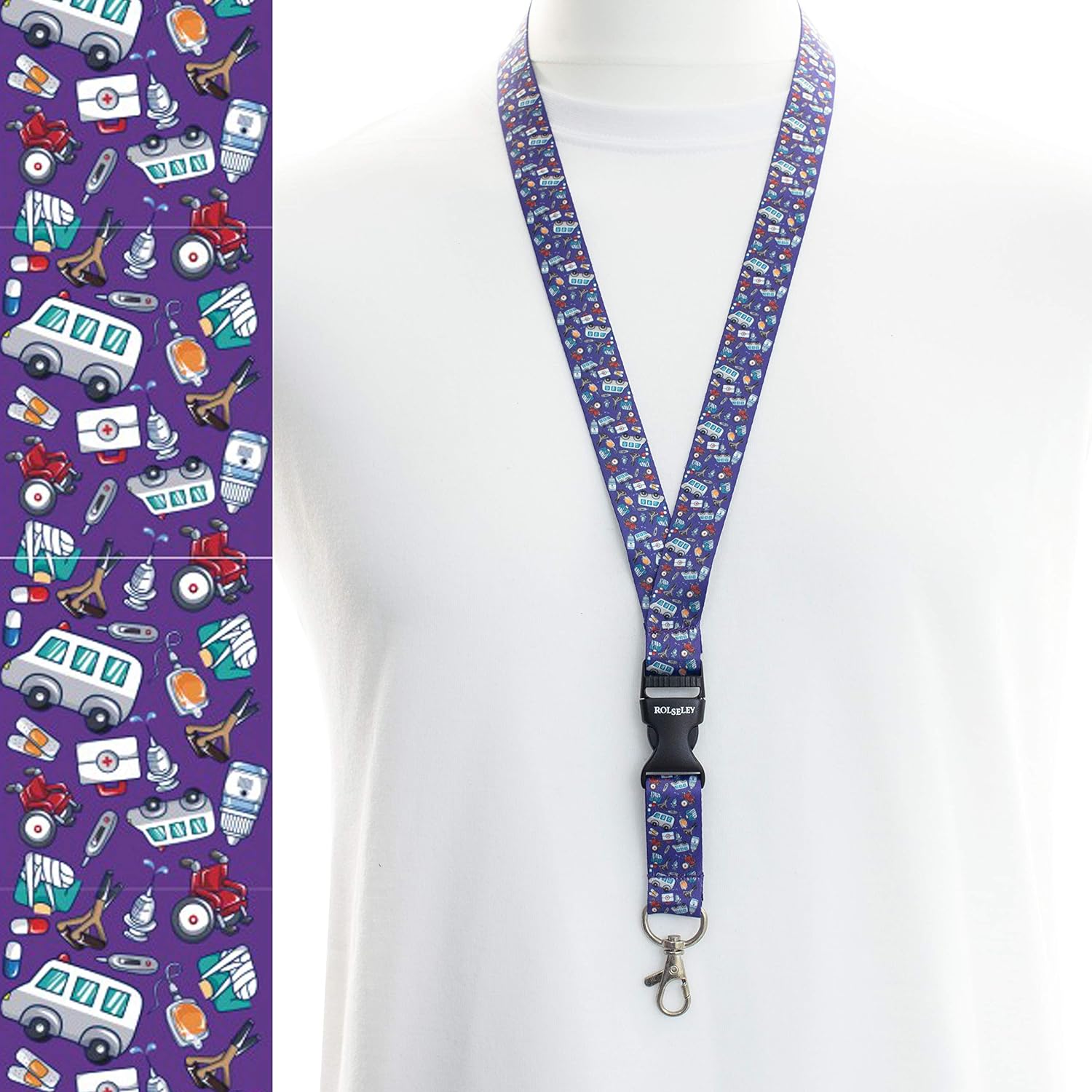 Violetinė medicininių raštų kaklajuostė su Jūsų tekstu ant balto manekeno ir dirželio raštų paveikslėliu kairėje