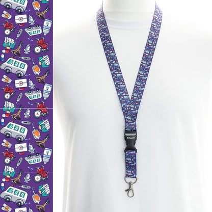 Violetinė medicininių raštų kaklajuostė su Jūsų tekstu ant balto manekeno ir dirželio raštų paveikslėliu kairėje