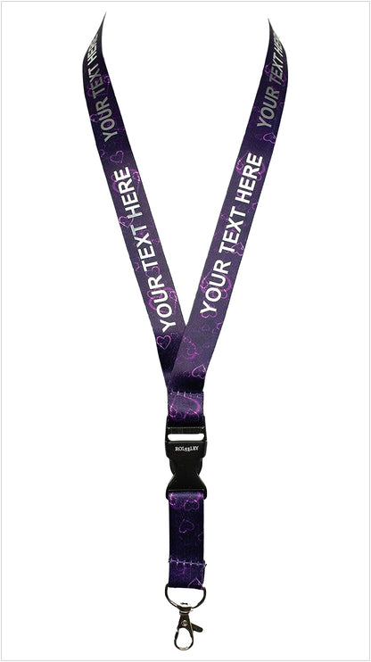 Violetinė širdelių raštų kaklajuostė su Jūsų tekstu baltame fone