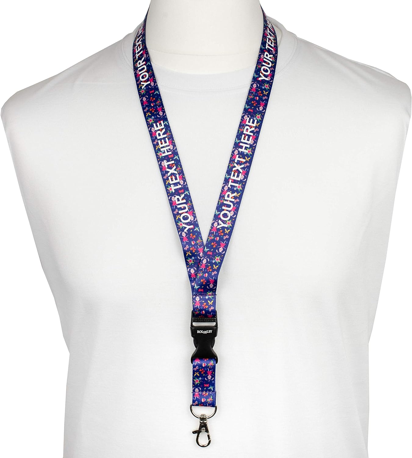 Violetinė zuikučių raštų kaklajuostė su Jūsų tekstu ant balto manekeno