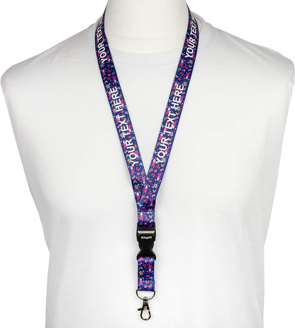 Violetinė zuikučių raštų kaklajuostė su Jūsų tekstu ant balto manekeno