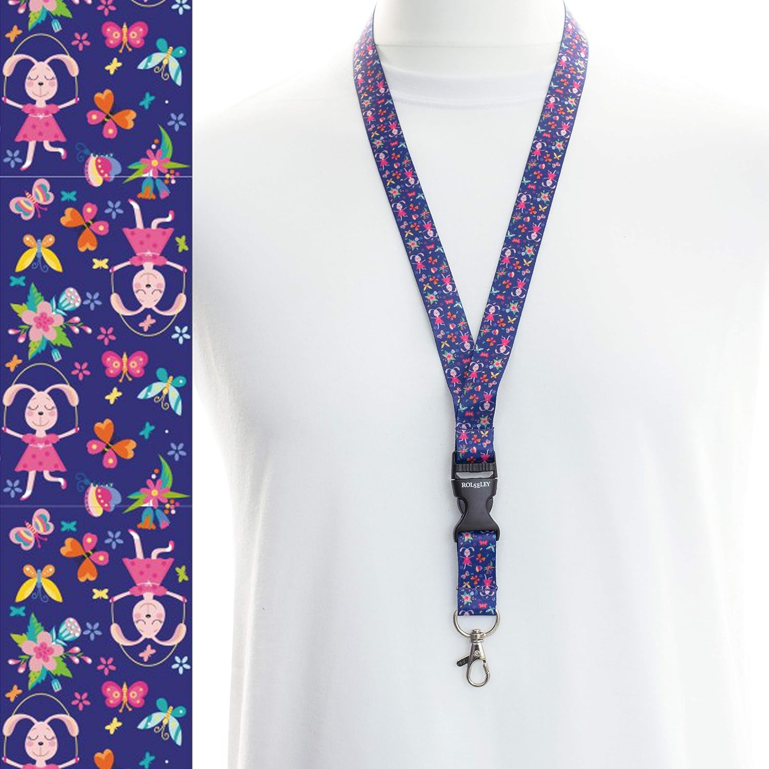 Violetinė zuikučių raštų kaklajuostė su Jūsų tekstu ant balto manekeno ir dirželio rašto paveikslėlis kairėje