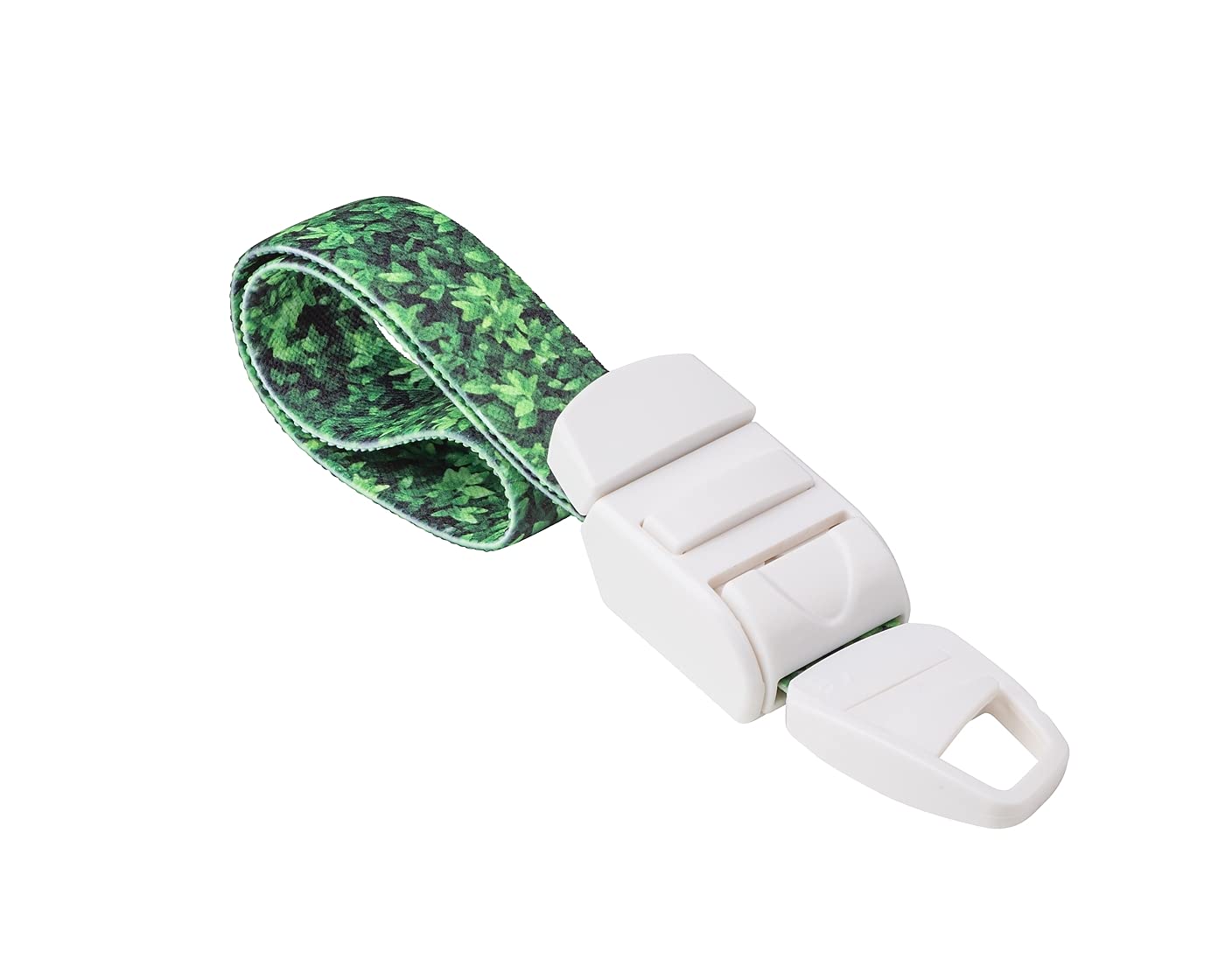 MEDICININIS TURNIKETAS su žalių lapų rašto dirželiu ir balta sagtele.